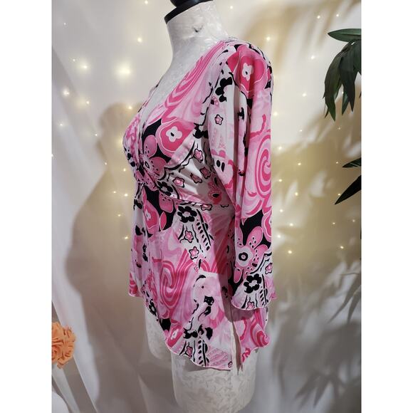 Vtg 90s Y2K La Khaki Floral Asymmetrical Babydoll Top Sz L Pink Fairy Clueless - Picture 2 of 11